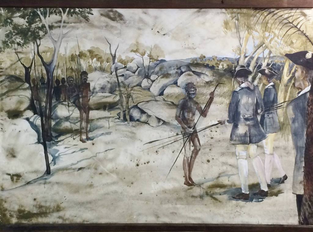 Artist's impression of the first recorded act of reconciliation at Reconciliation Rocks, Cooktown in 1770. Image Credit / Jane Eliza Dennis 